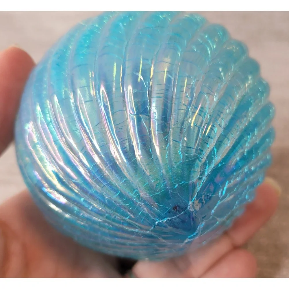 Vintage Hand Blown Iridescent Aqua Blue Art Glass Shell Christmas Ornament 3.5